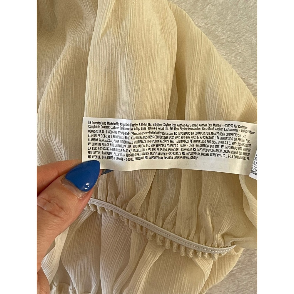 Forever 21 Cream Chiffon Ruffle V-Neck Cropped Blouse Balloon Sleeve Small - Picture 10 of 12